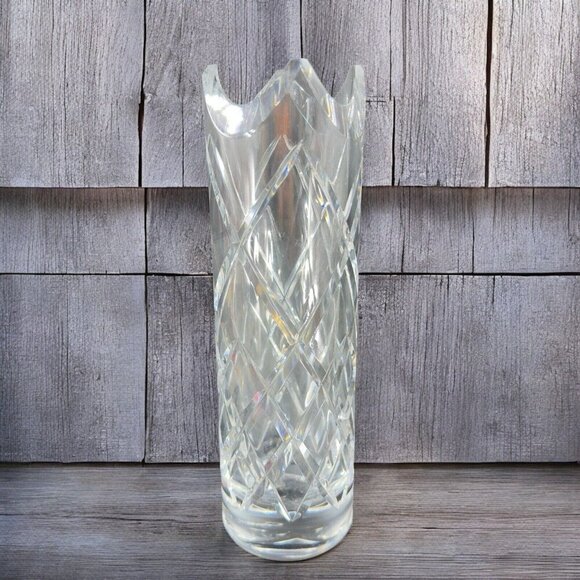Vintage Ceska Clear Cylinder Crystal Glass Vase Cut Top Edges Czechoslovakia VTG - Picture 1 of 14